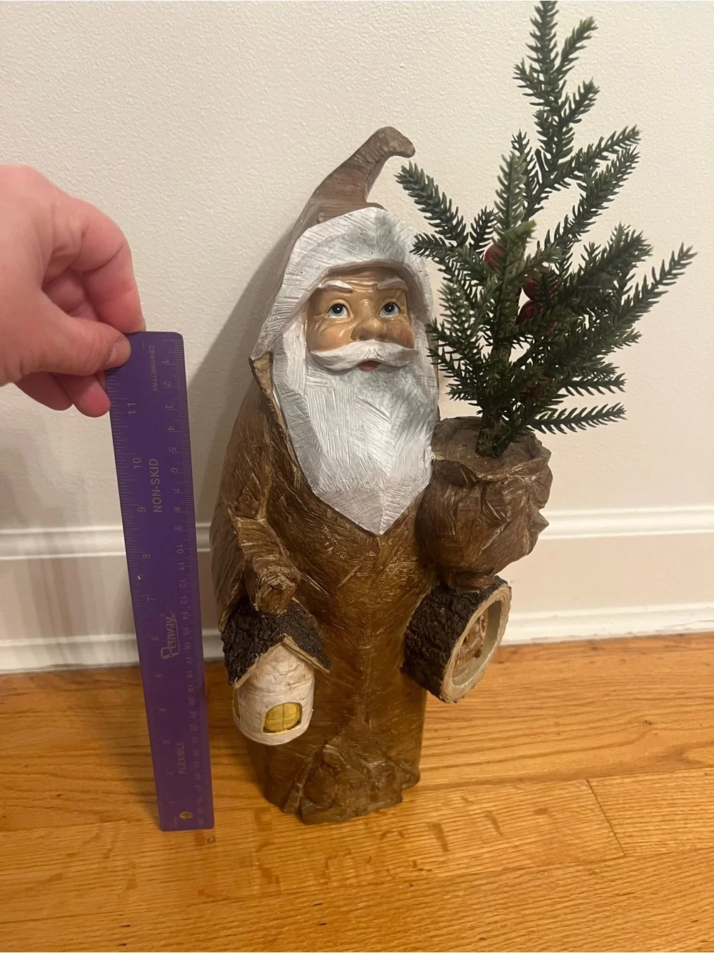 Rustic Brown Santa Figure Holiday Decor with Green Tree & owl